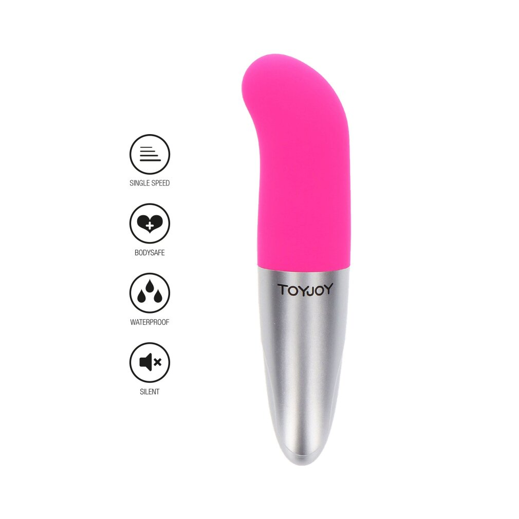 Pinker Vibrator mit silbernem Sockel, mit Symbolen für Einzelgeschwindigkeit, Körpersicherheit, wasserdicht, leise.