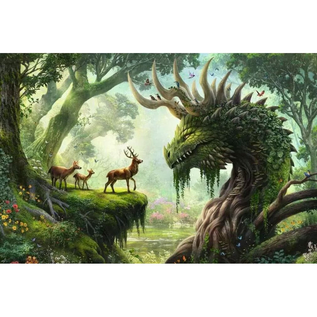 Un drago verde fatto di alberi e piante guarda tre cervi in una foresta.