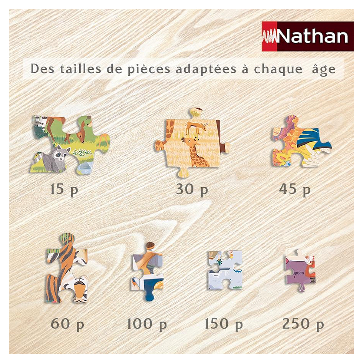 Sechs Puzzleteile mit Tiermotiven und St ückzahlen: 15, 30, 45, 60, 100, 150, 250.