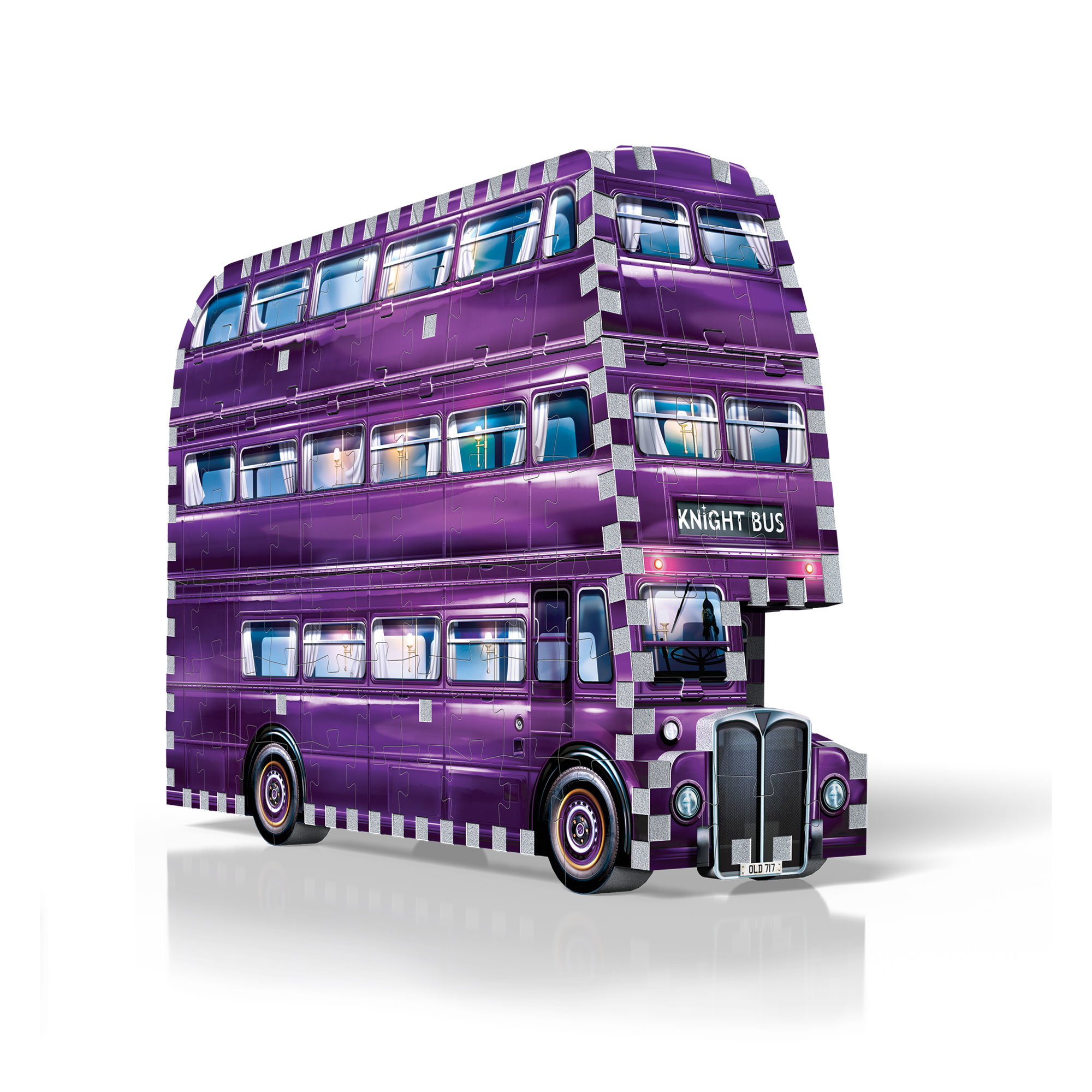 Ein lila dreistöckiger magischer Doppeldeckerbus mit dem Schriftzug "KNIGHT BUS".