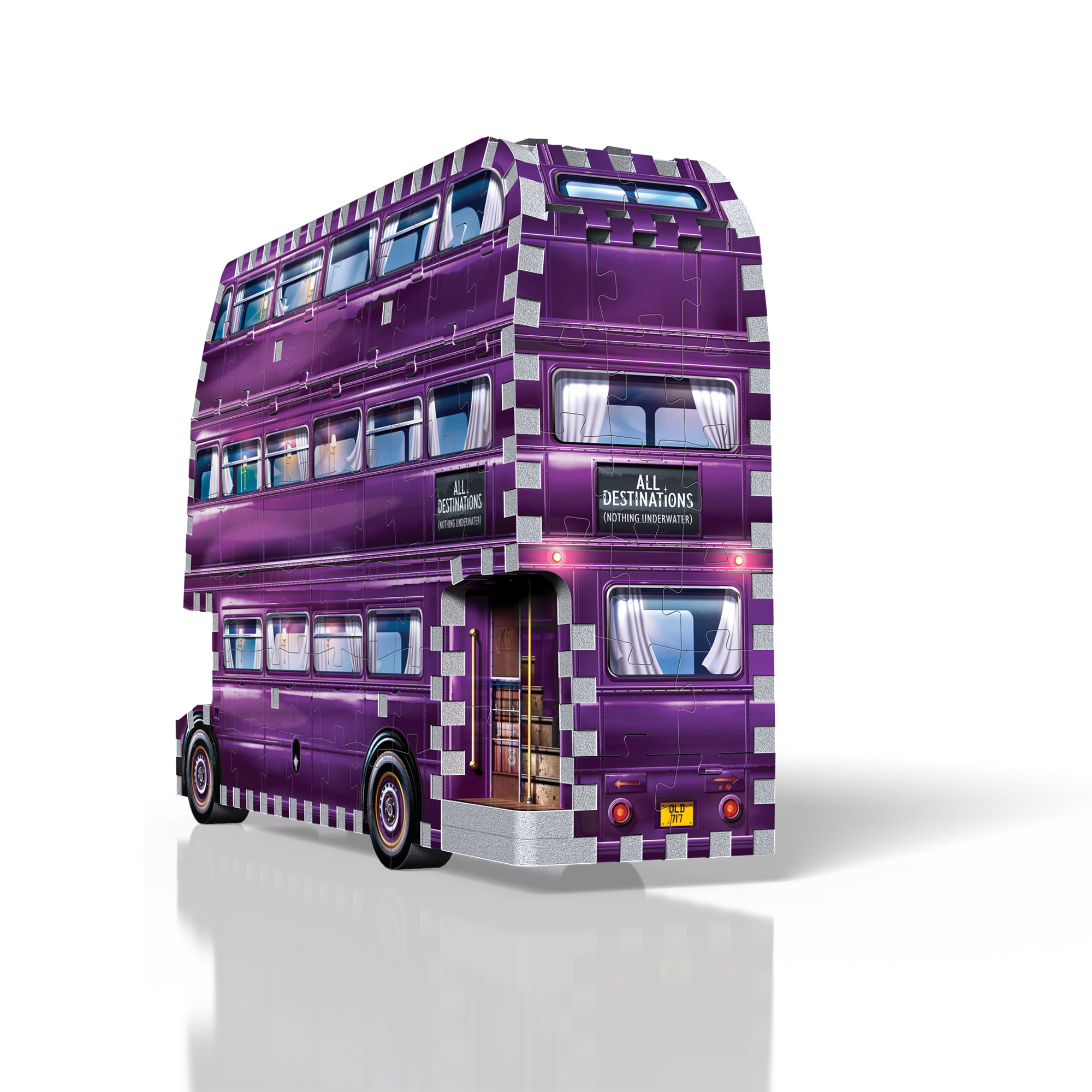 Ein violetter Doppeldeckerbus mit silbernen Karosseriedetails und Fenstern.
