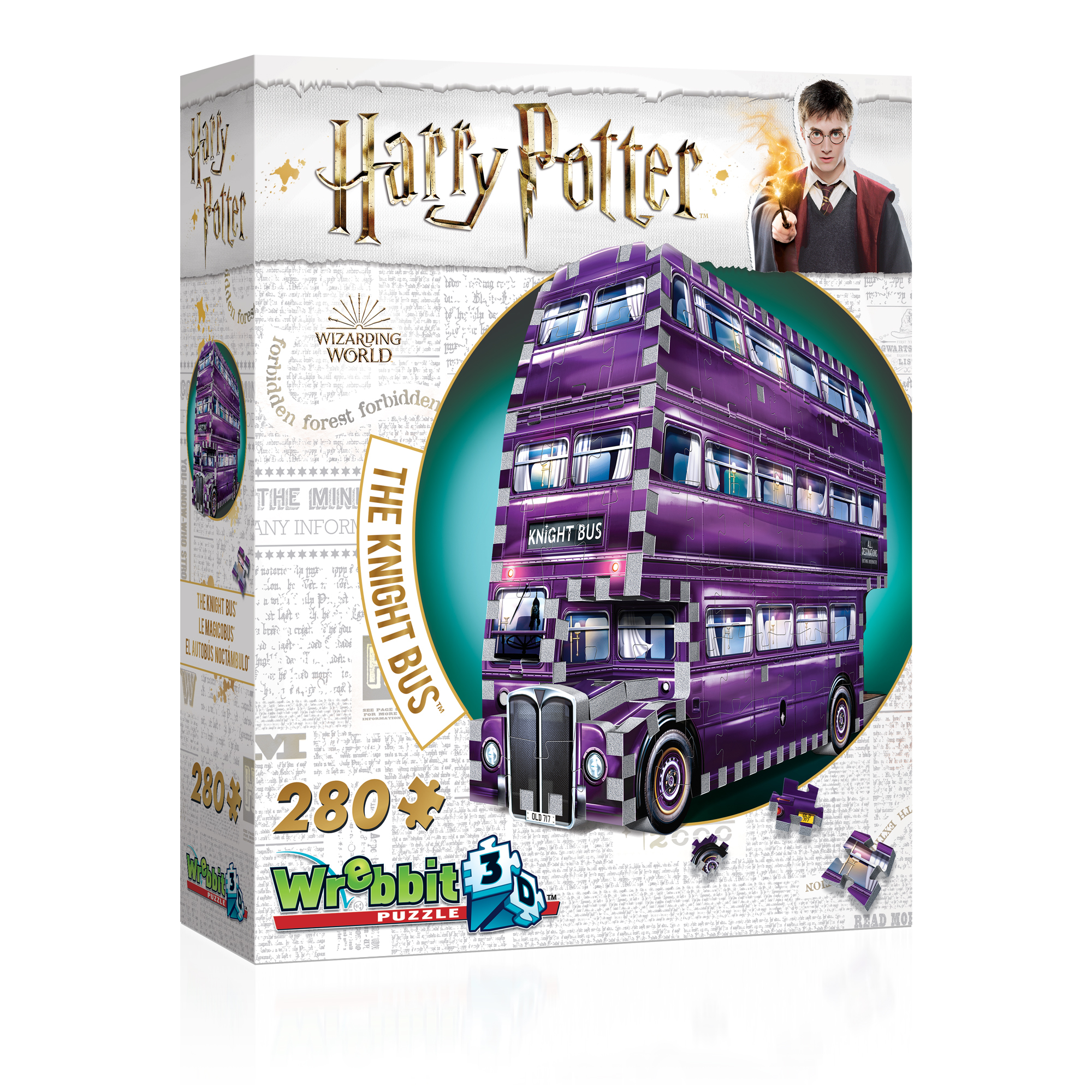 Harry Potter: Der lila dreistöckige "Knight Bus" vor Hogwarts-Hintergrund.