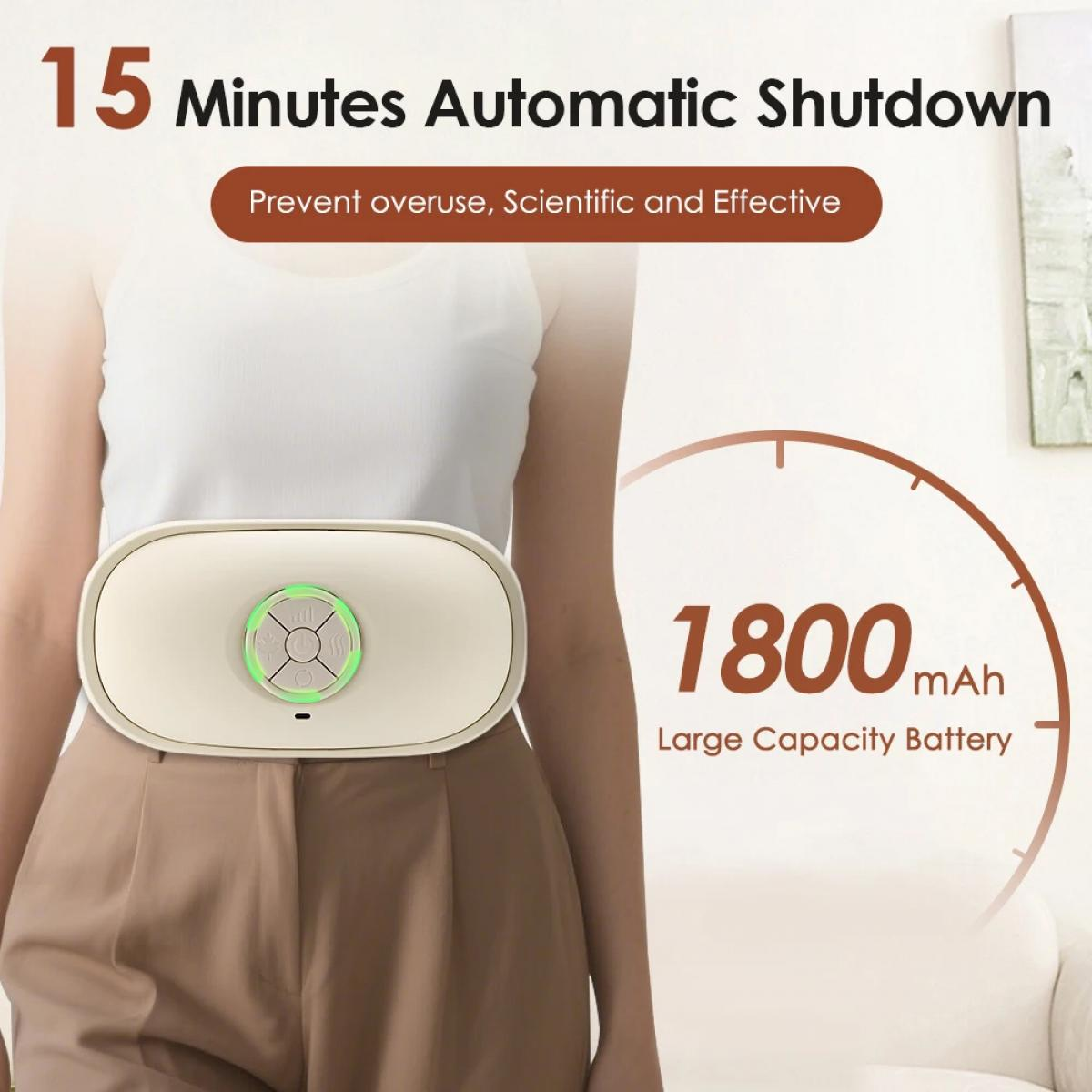 Eine Person trägt ein beiges Heizkissen um die Taille. Verfügt über 15 Min. automatische Abschaltung & 1800mAh Akku.