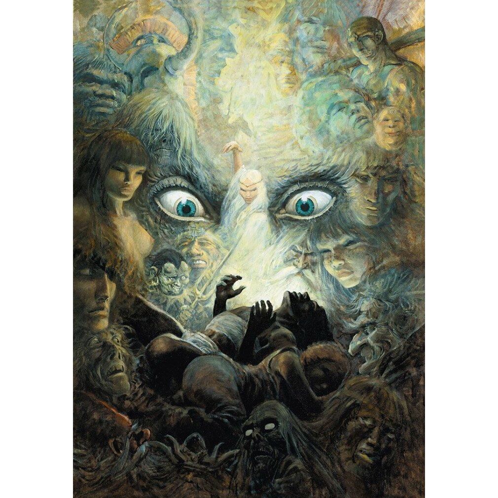 Arte surreale: Occhi vegliano su figure in una scena caotica e onirica.