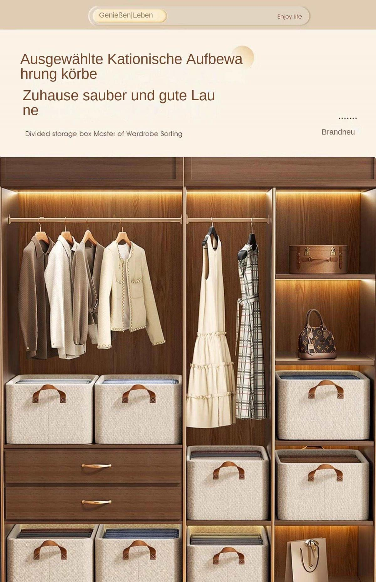 Ein Kleiderschrank mit Kleidung und Aufbewahrungsboxen.
