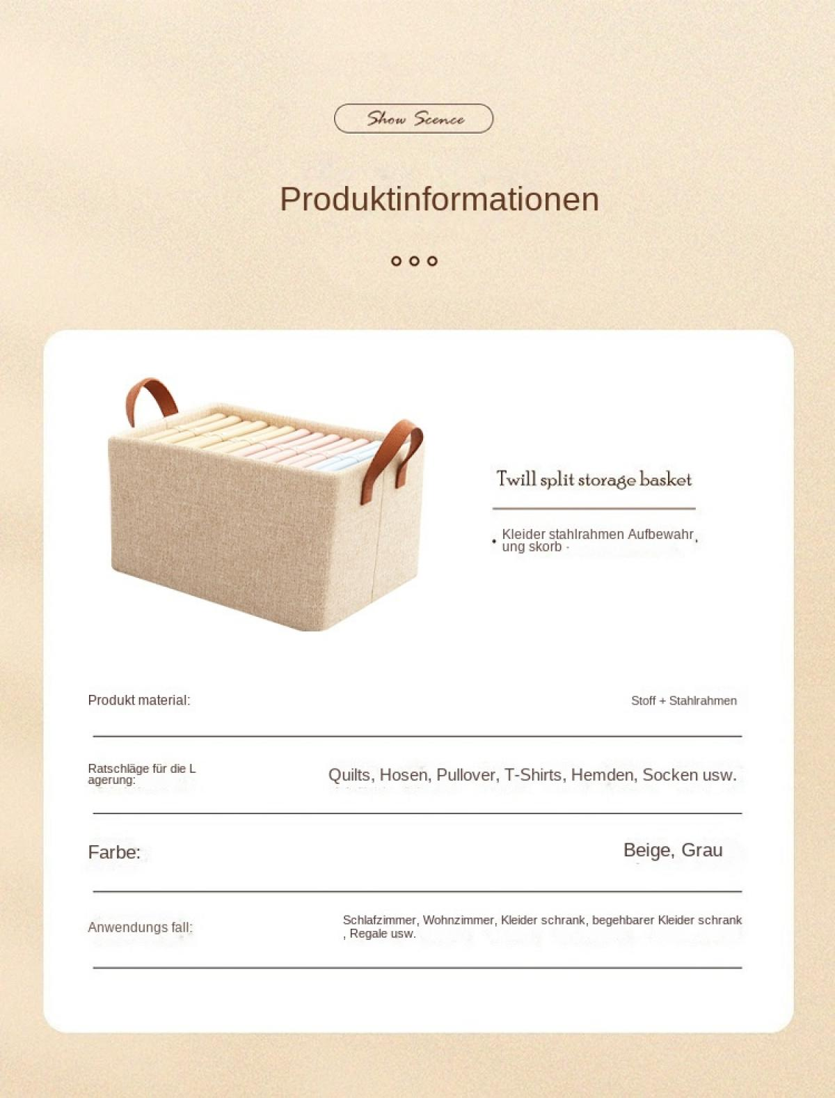 Beiger Stoffkorb mit Ledergriffen für Kleidung, beige und grau.
