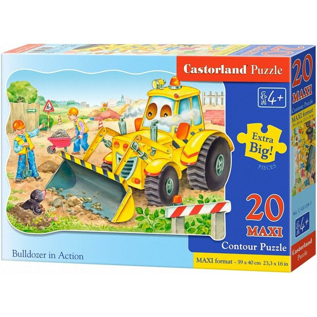Caja de un puzzle Castorland con un bulldozer de dibujos animados amarillo, trabajadores y un topo.