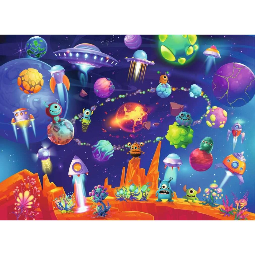 Una scena spaziale a cartoni animati con alieni, pianeti e UFO in una galassia colorata e vibrante.