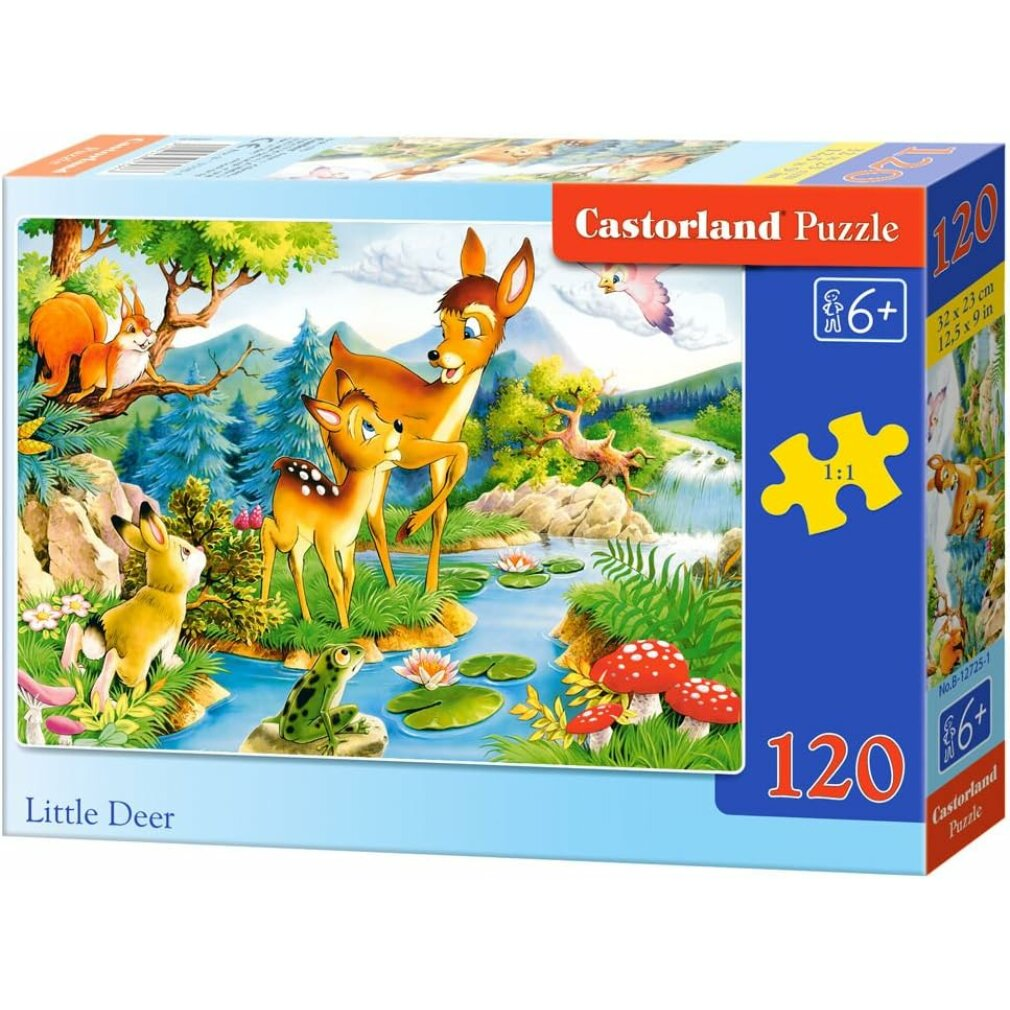 Caja de rompecabezas con animales del bosque: ciervo, cervatillo, conejo, ardilla, rana y setas.