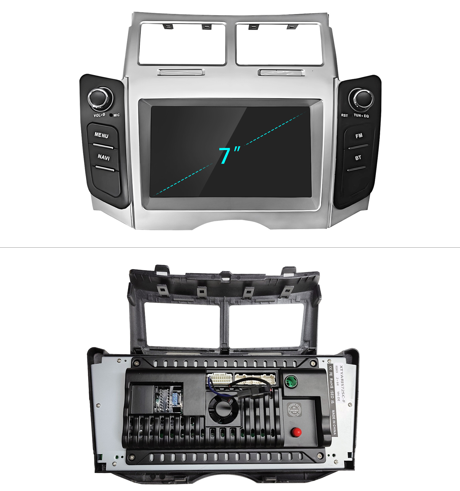 Ein silberner Auto-Stereo-Rahmen mit 7-Zoll-Bildschirm und Knöpfen.