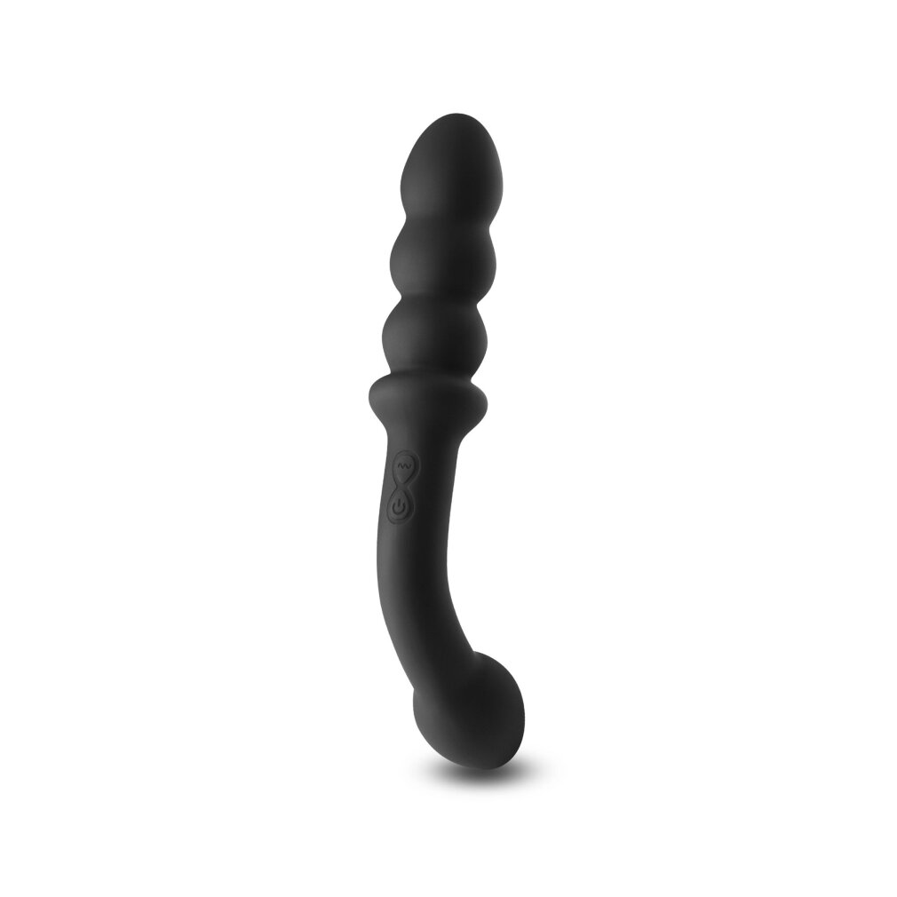 Ein schwarzer, geschwungener Vibrator mit kugelförmigen Erhebungen und einem Griff mit Symbolen.