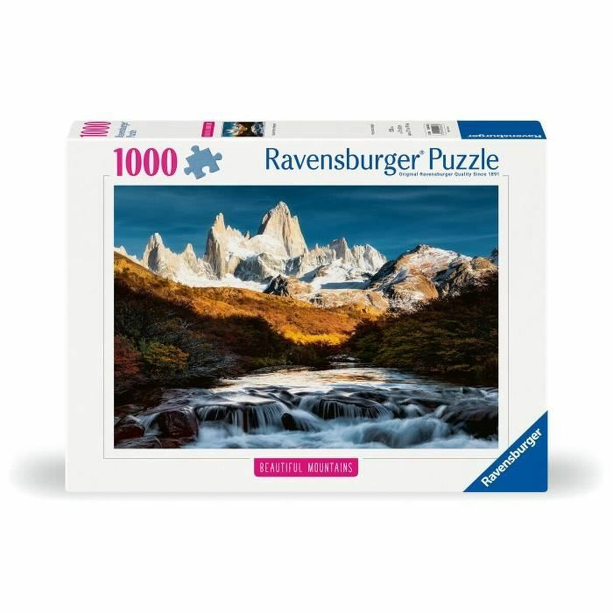 Scatola puzzle Ravensburger mostra montagne maestose, rapide e fogliame autunnale.