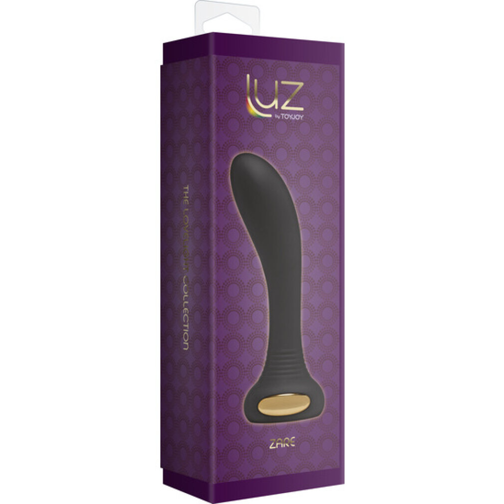 Verpackung mit schwarzem Vibrator und goldenem Akzent, lila Muster, ZARQ.