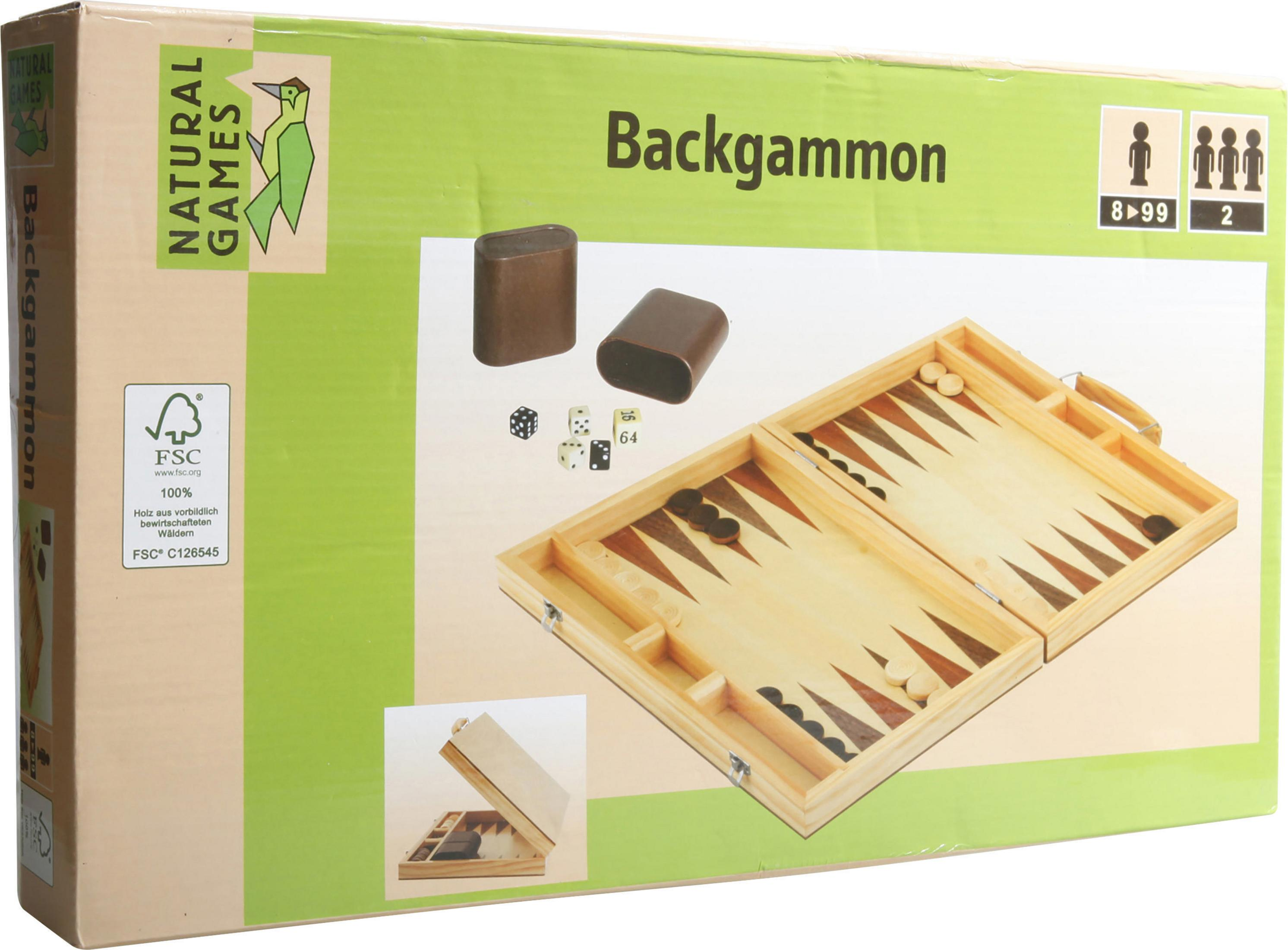 Schachtel mit Backgammon-Spiel: Holzbrett, braune und weiße Spielsteine, Würfel.