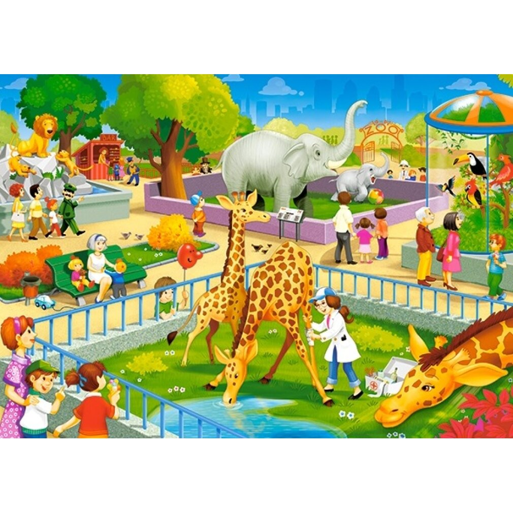 Escena de zoológico con elefantes, jirafas, leones, pájaros y gente observando.