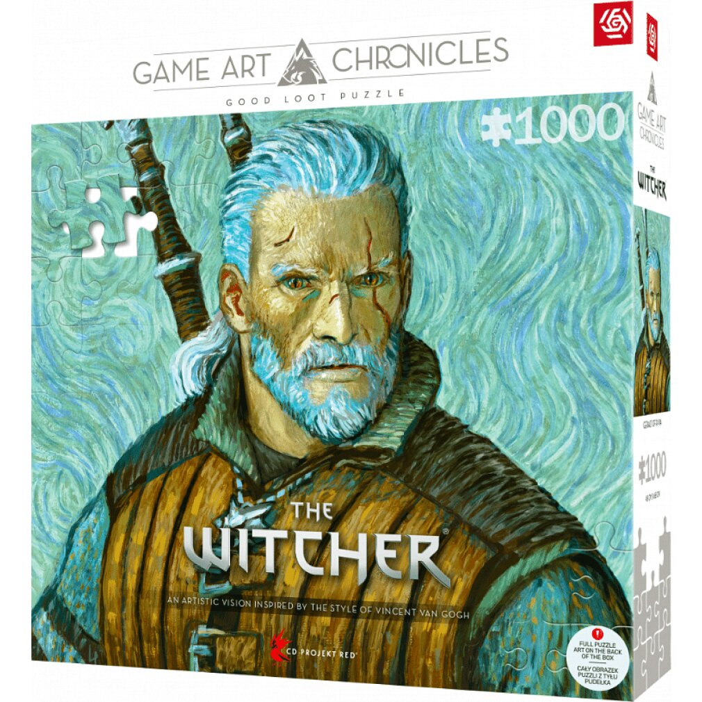 Pudełko 1000-elementowych puzzli z portretem Geralta w stylu Van Gogha.