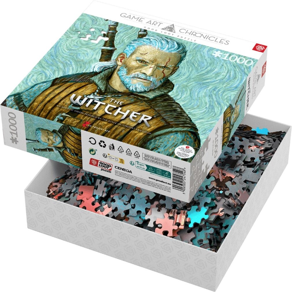 Pudełko z puzzlami "The Witcher" w stylu Van Gogha, otwarte, widoczne elementy.
