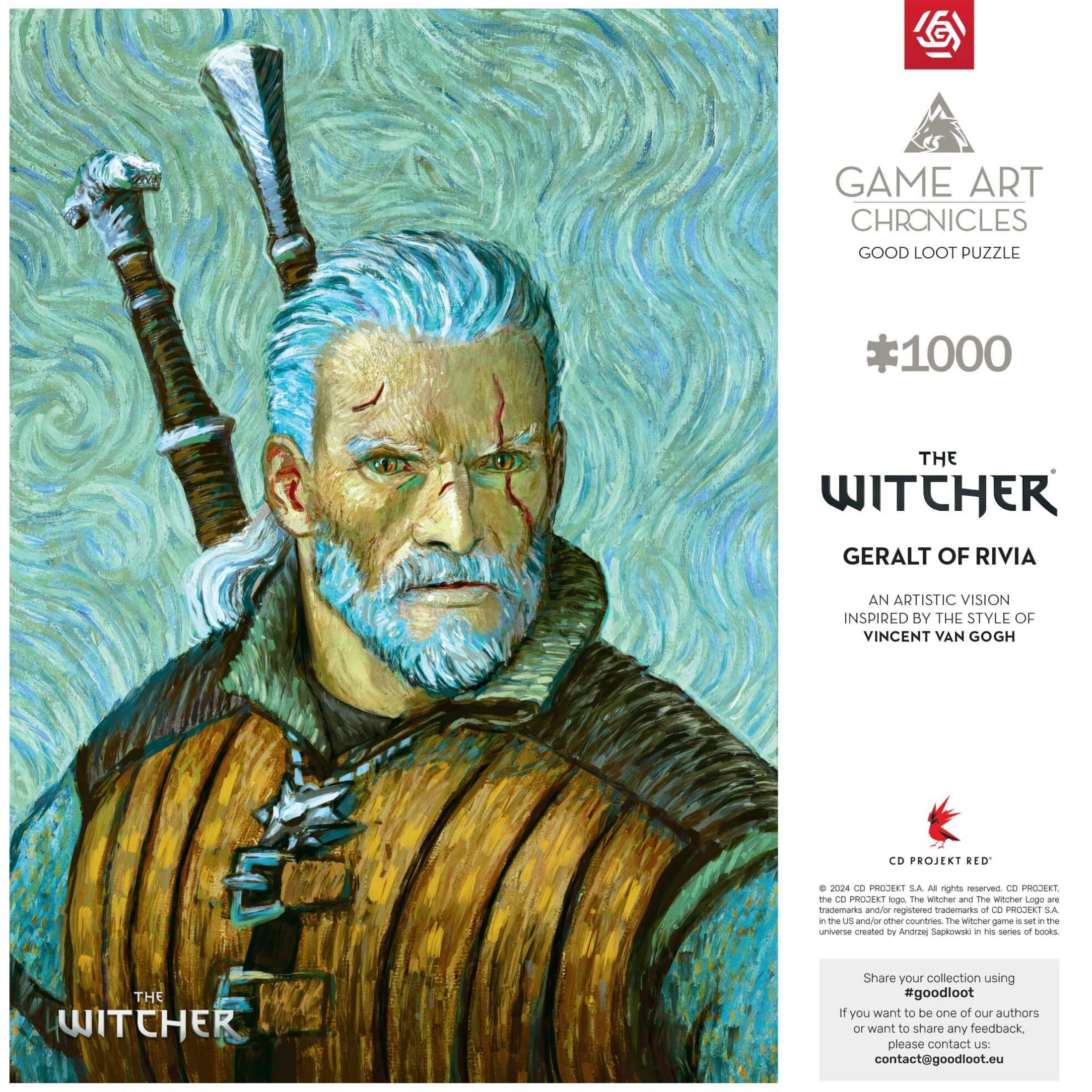 Obraz Geralta z Rivii, inspirowany Van Goghiem, z mieczami i niebieskimi włosami.