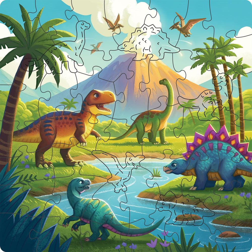 Una scena di giungla preistorica con dinosauri, palme e un vulcano.