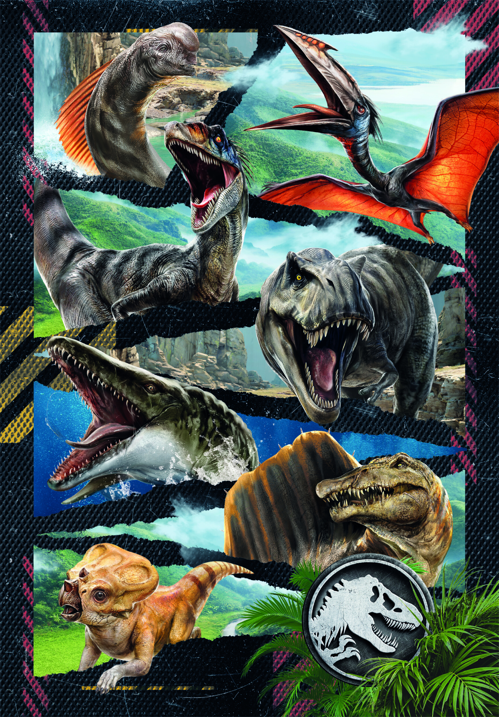 Collage verschiedener Dinosaurier und prähistorischer Kreaturen in natürlicher Umgebung.