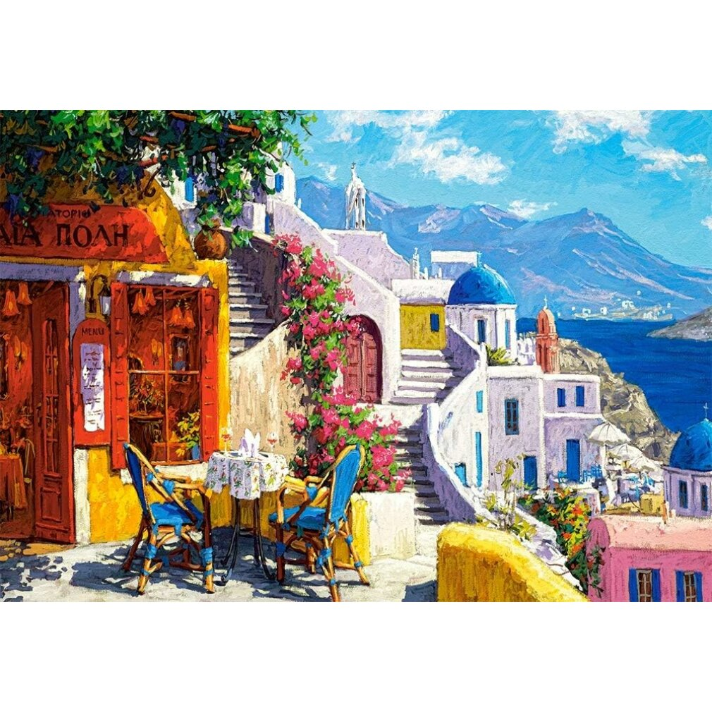 Un pueblo griego con casas blancas, cúpulas azules y flores coloridas.