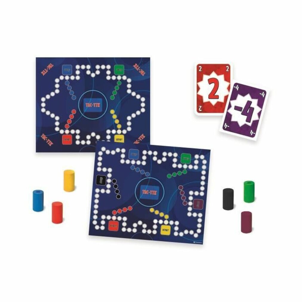 Twee spelborden met paden, pionnen en cijferkaarten.