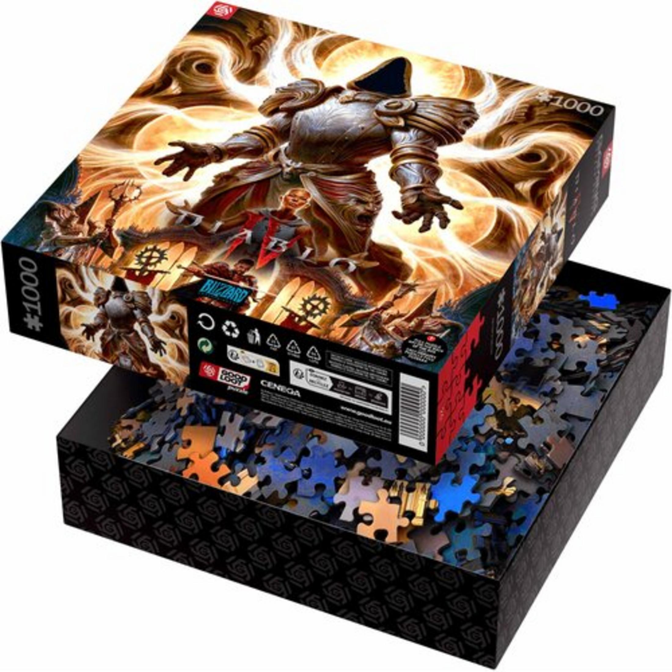 Pudełko puzzli z grafiką Diablo: opancerzony wojownik na tle promieni światła.