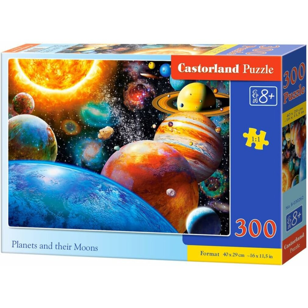 Una caja de rompecabezas Castorland muestra planetas y lunas en el espacio. El título es 'Planetas y sus Lunas'.