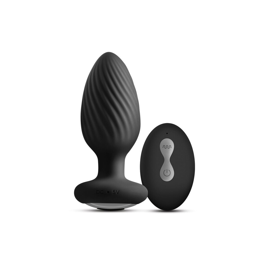 Schwarzer Butt-Plug mit gerillter Oberfläche und Fernbedienung.