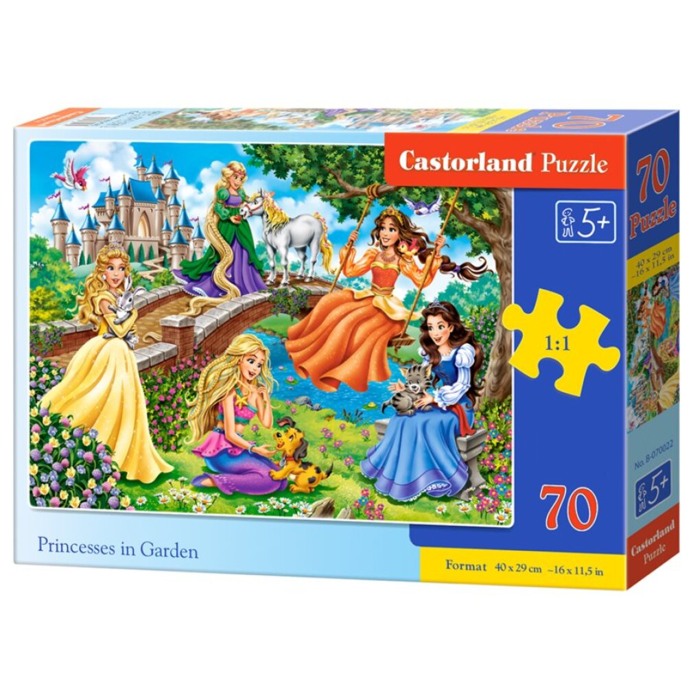 Un castillo de cuento de hadas con princesas, animales y un unicornio en un jardín.