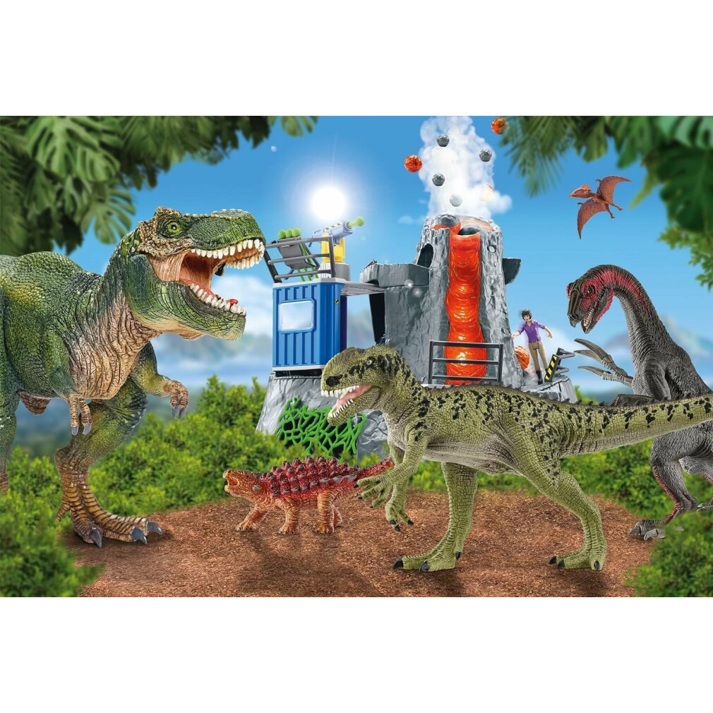 Spielzeug-Dinosaurier neben einem Vulkan mit Rutsche und Forschungsstation.