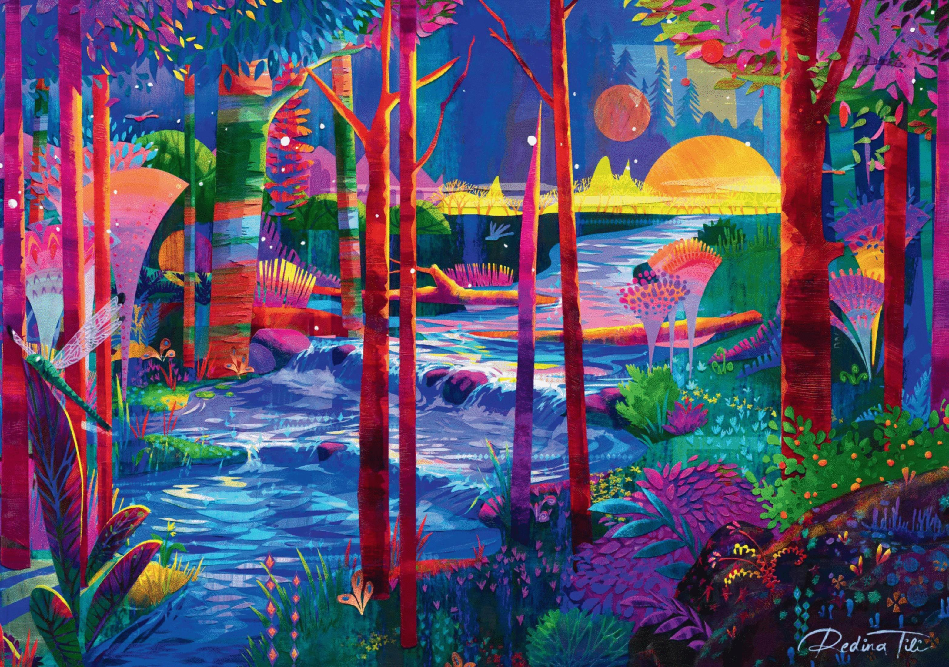 Ein bunter Wald mit einem Fluss, Sonnenuntergang und einer Libelle.