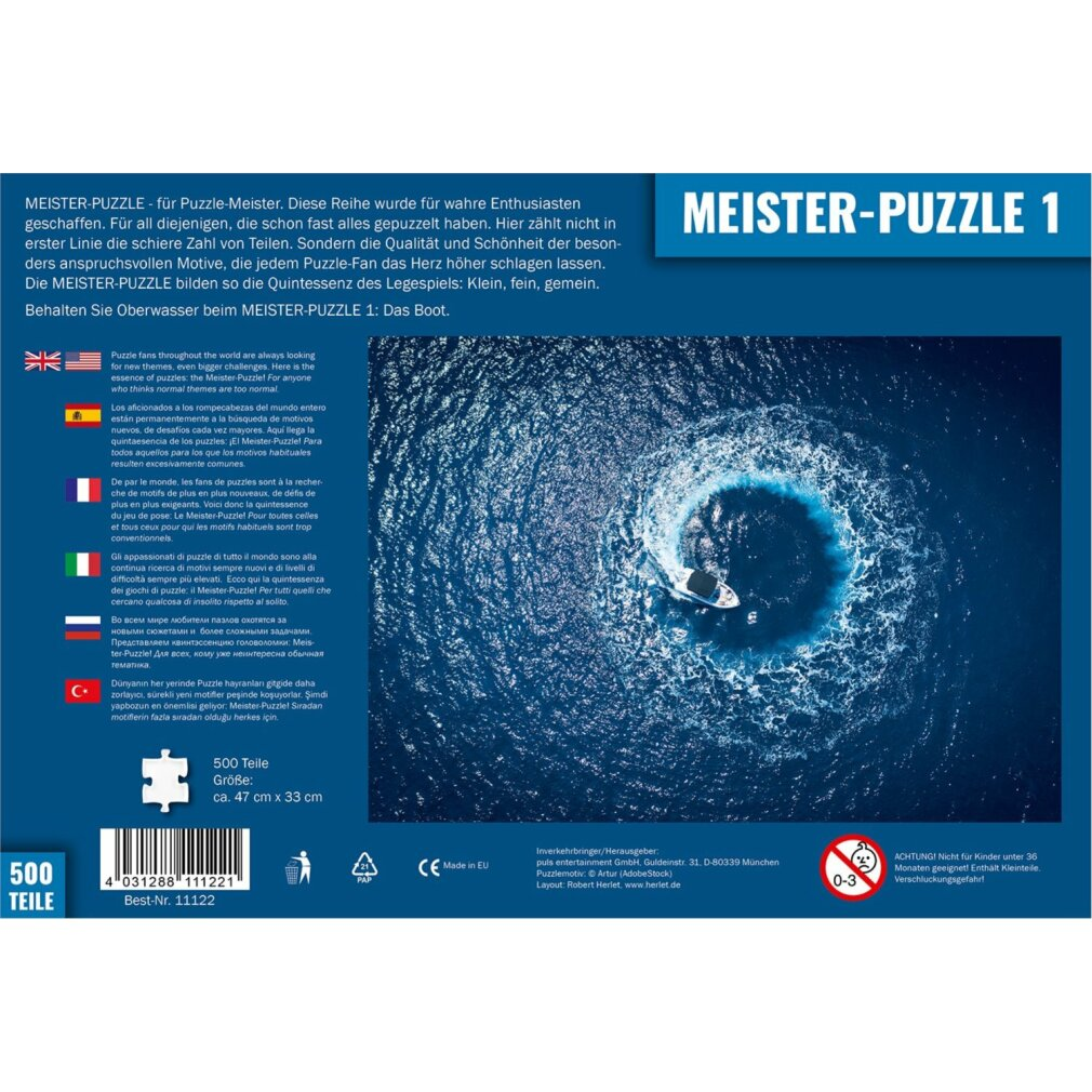 Una barca crea un cerchio di schiuma nell'acqua blu. MEISTER-PUZZLE 1.