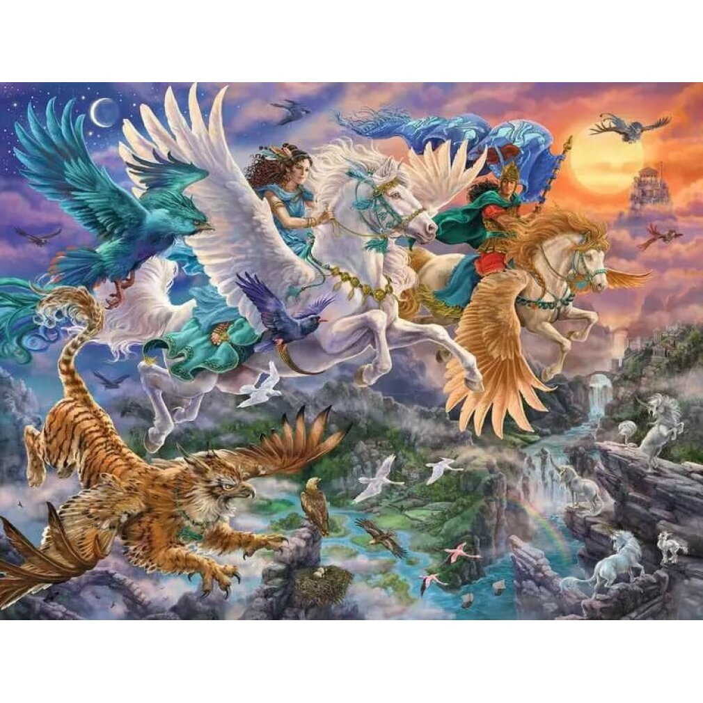 Creature mitiche volano: Pegaso, grifone, tigre e uccelli su un paesaggio montuoso.