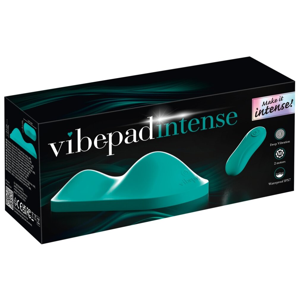 Türkiser Vibrator mit Fernbedienung auf schwarzer Verpackung mit Wellenmuster.
