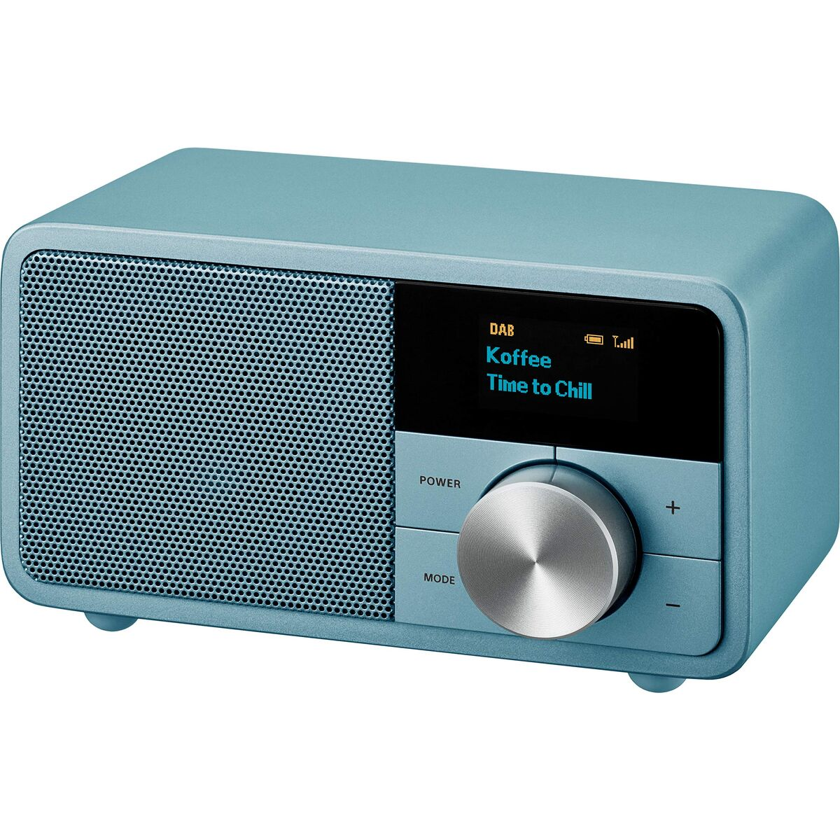Ein hellblaues DAB-Radio mit einem Lautsprechergitter und einem Display.