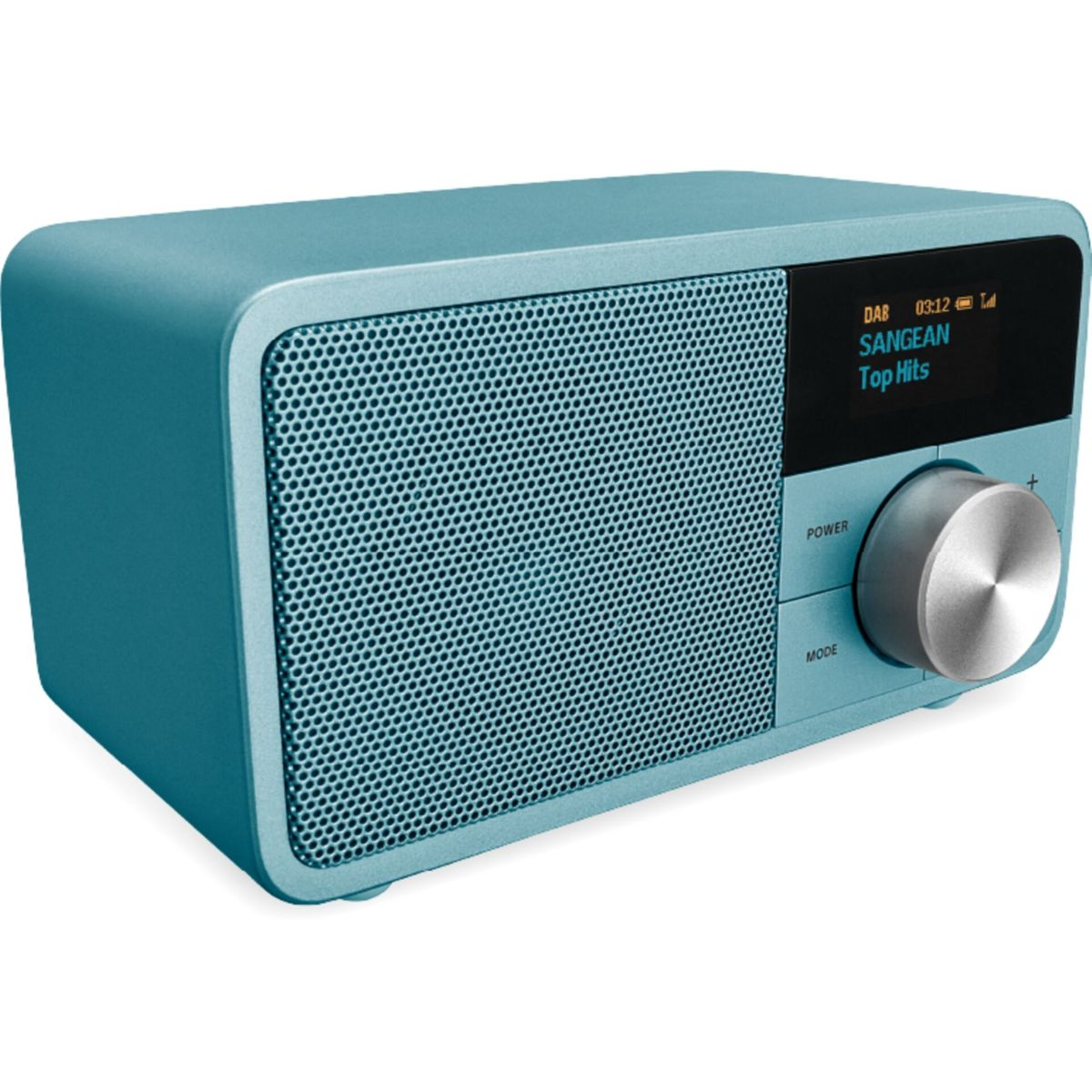 Ein türkisfarbener DAB-Radio mit Lautsprechergitter und silbernem Drehknopf.