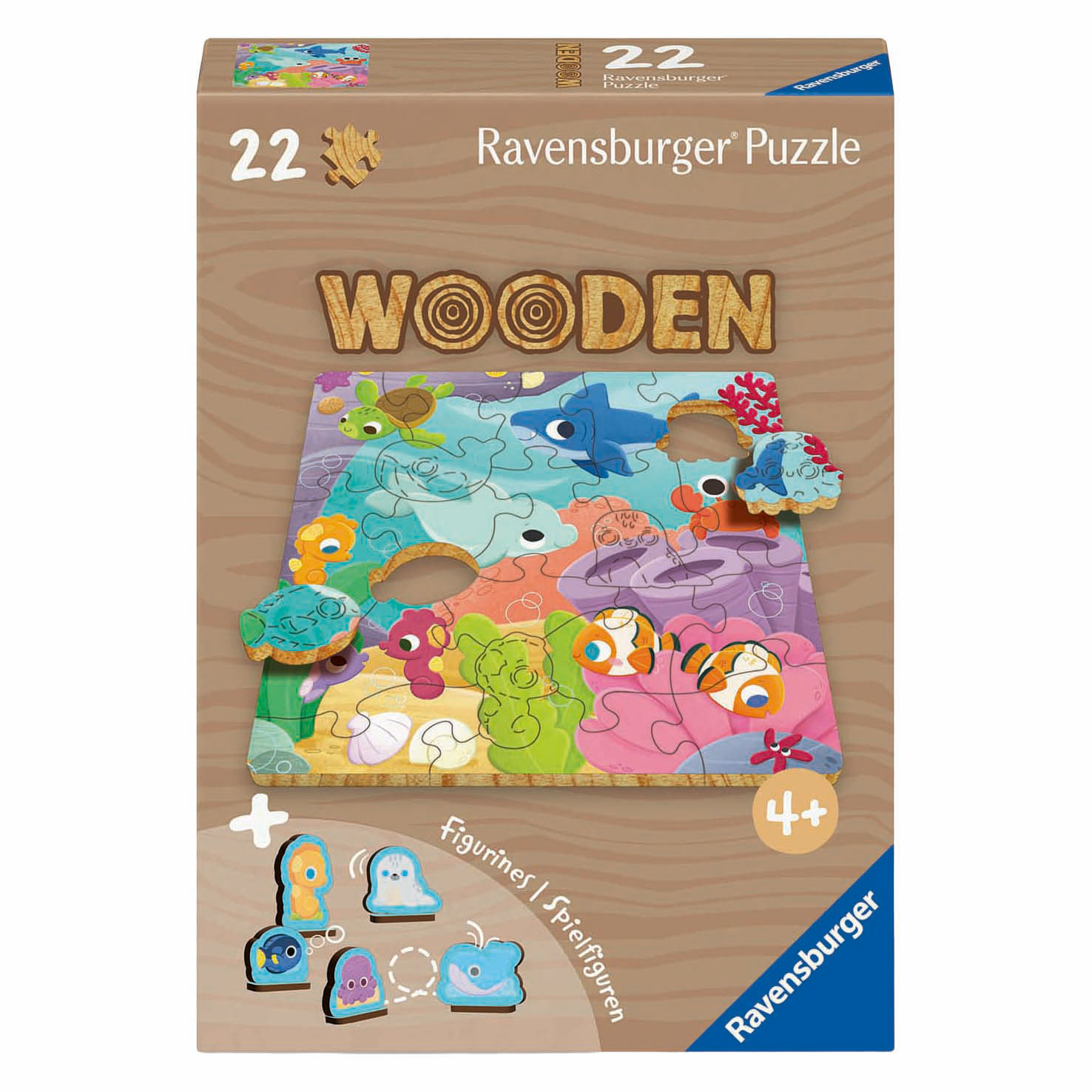 Scatola puzzle in legno Ravensburger con creature marine e figurine. Età 4+.
