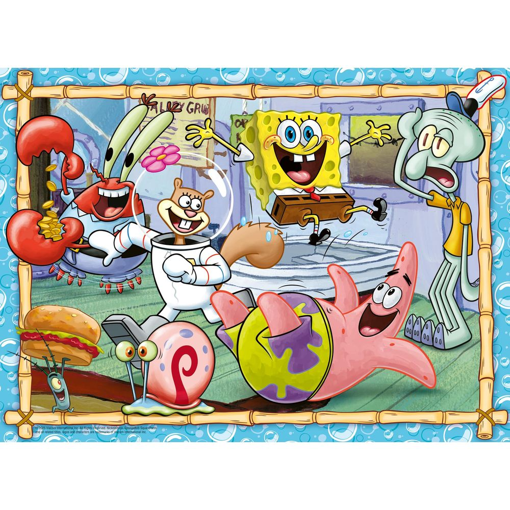 Spongebob und Freunde im Krusty Krab: Spongebob, Patrick, Thaddäus, Mr. Krabs, Sandy, Gary und Plankton.