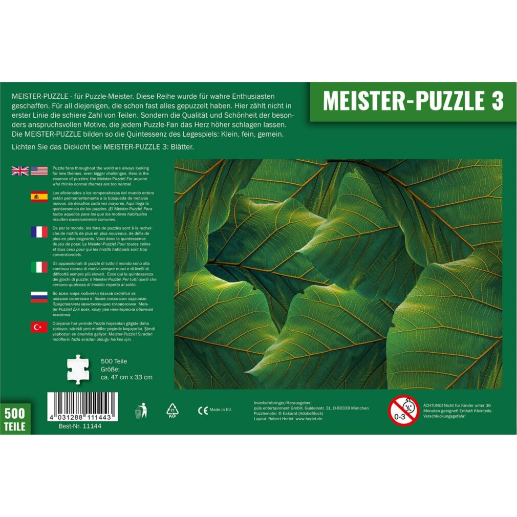 MEISTER-PUZZLE 3: Foglie. Primo piano di foglie verdi con venature visibili.