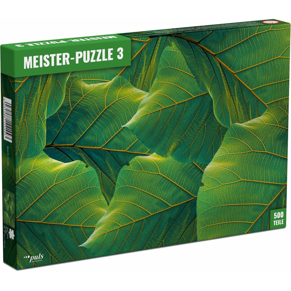Scatola puzzle con primo piano di foglie verdi con venature visibili.