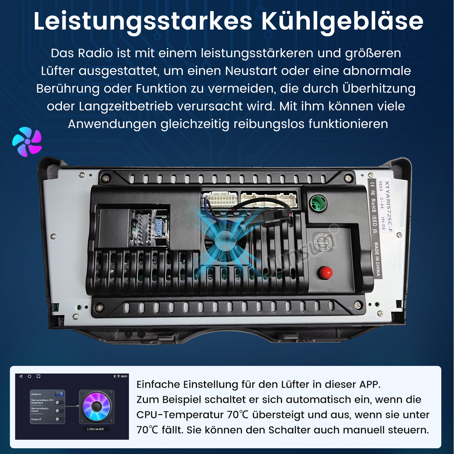 Rückseite eines Autoradios mit Lüfter, daneben App-Screenshot zur Lüftersteuerung.
