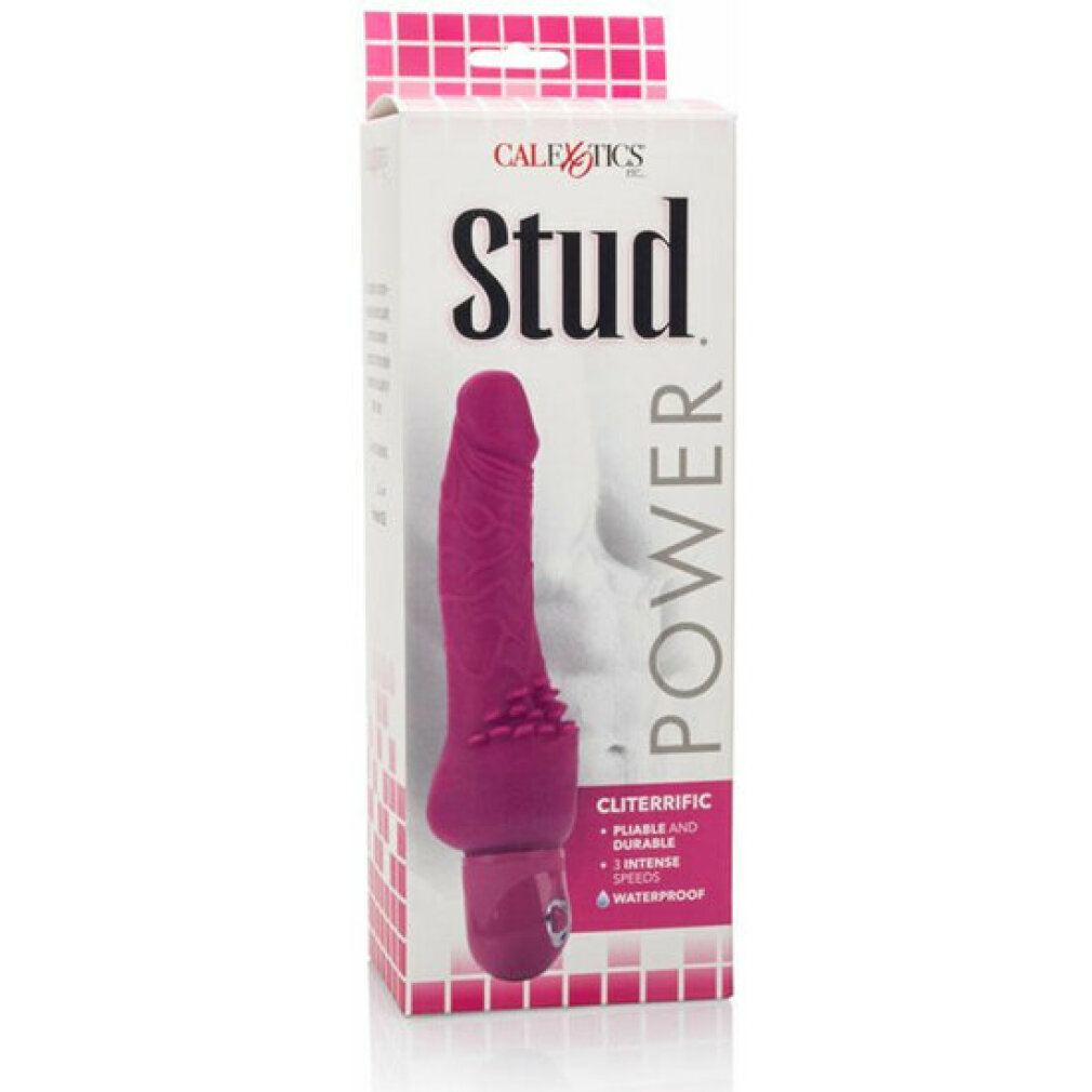 Verpackung für einen pinken Vibrator mit der Aufschrift "Stud POWER".