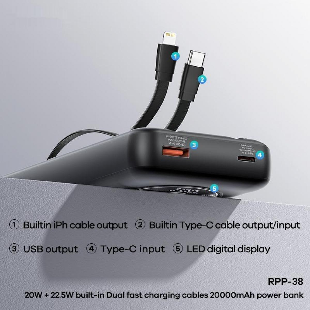 Schwarzes Powerbank mit eingebauten Ladekabeln und USB/Typ-C-Anschlüssen.