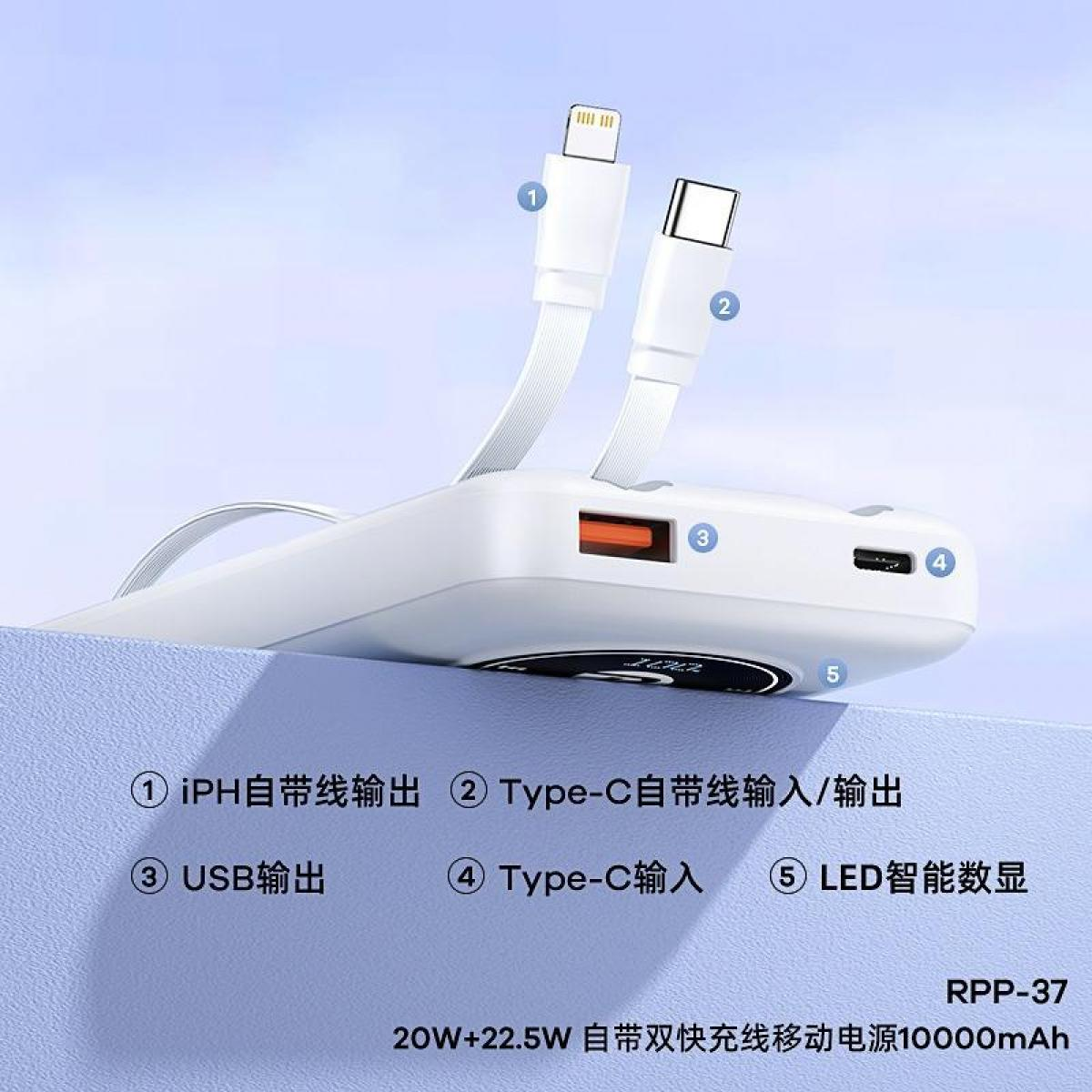 Weißes Powerbank mit integrierten Kabeln: Lightning, USB-C, USB-A-Anschluss.