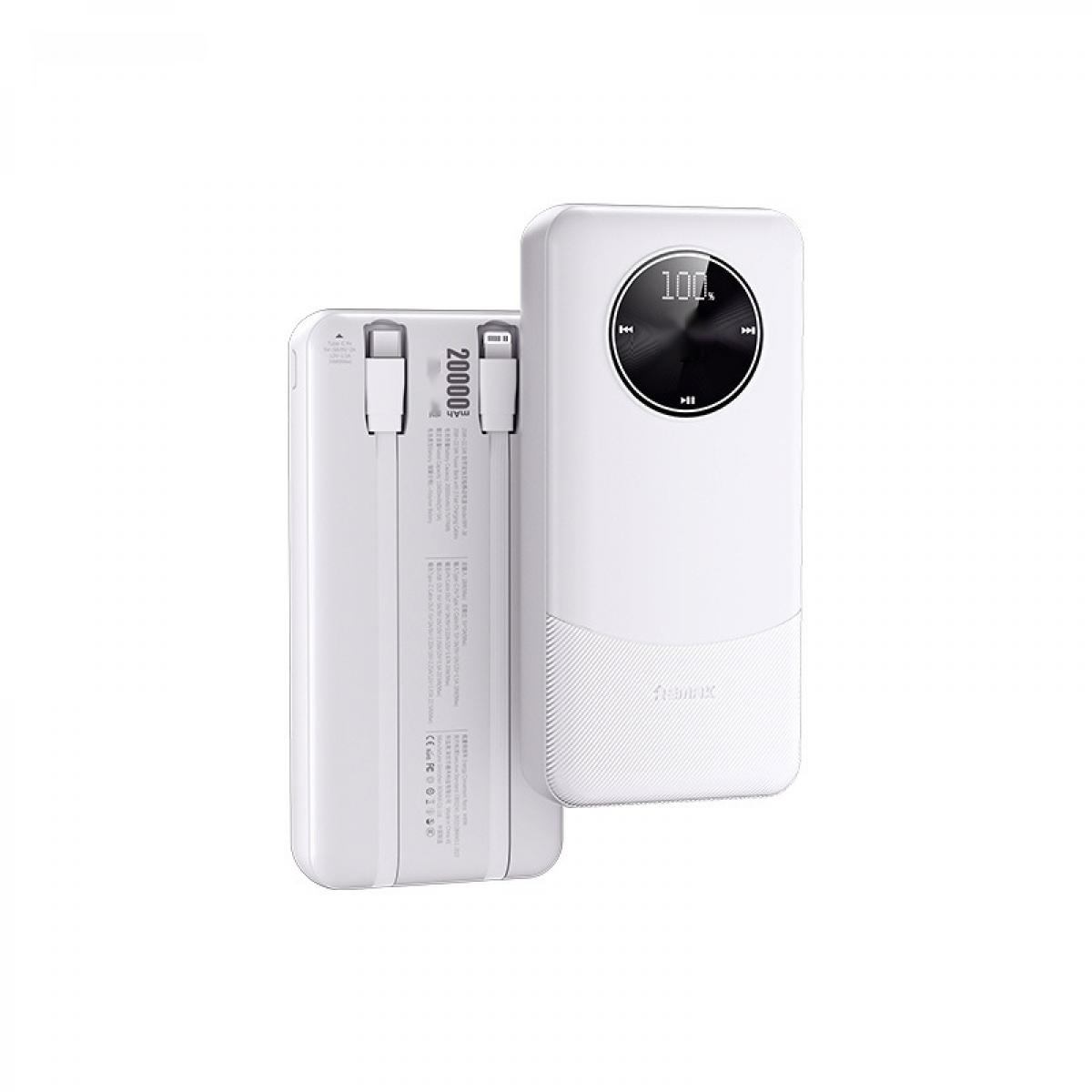 Zwei weiße Powerbanks nebeneinander. Eine zeigt 100% Ladung, die andere hat Kabel.