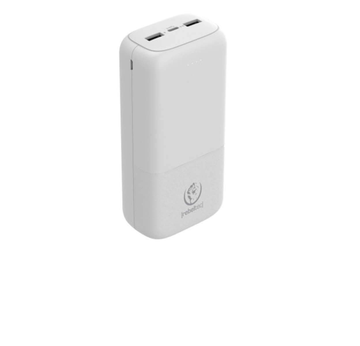 Dispositivo power bank bianco con due porte USB e un logo.