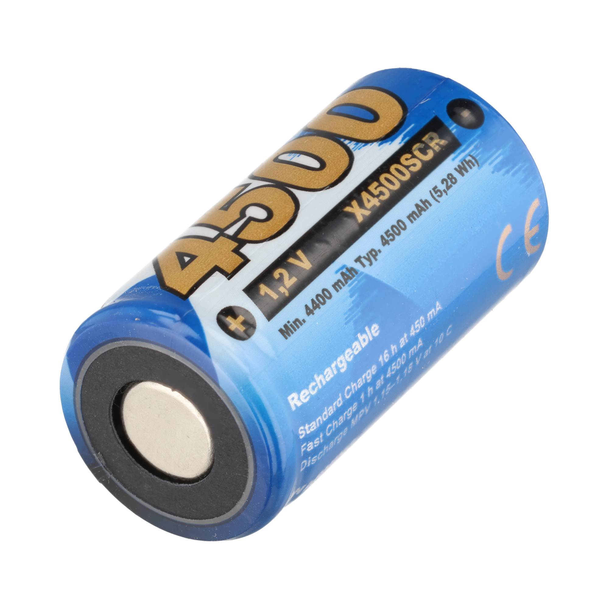 Eine blaue 1,2V Akku mit 4500mAh Kapazität und Ladeinformationen.
