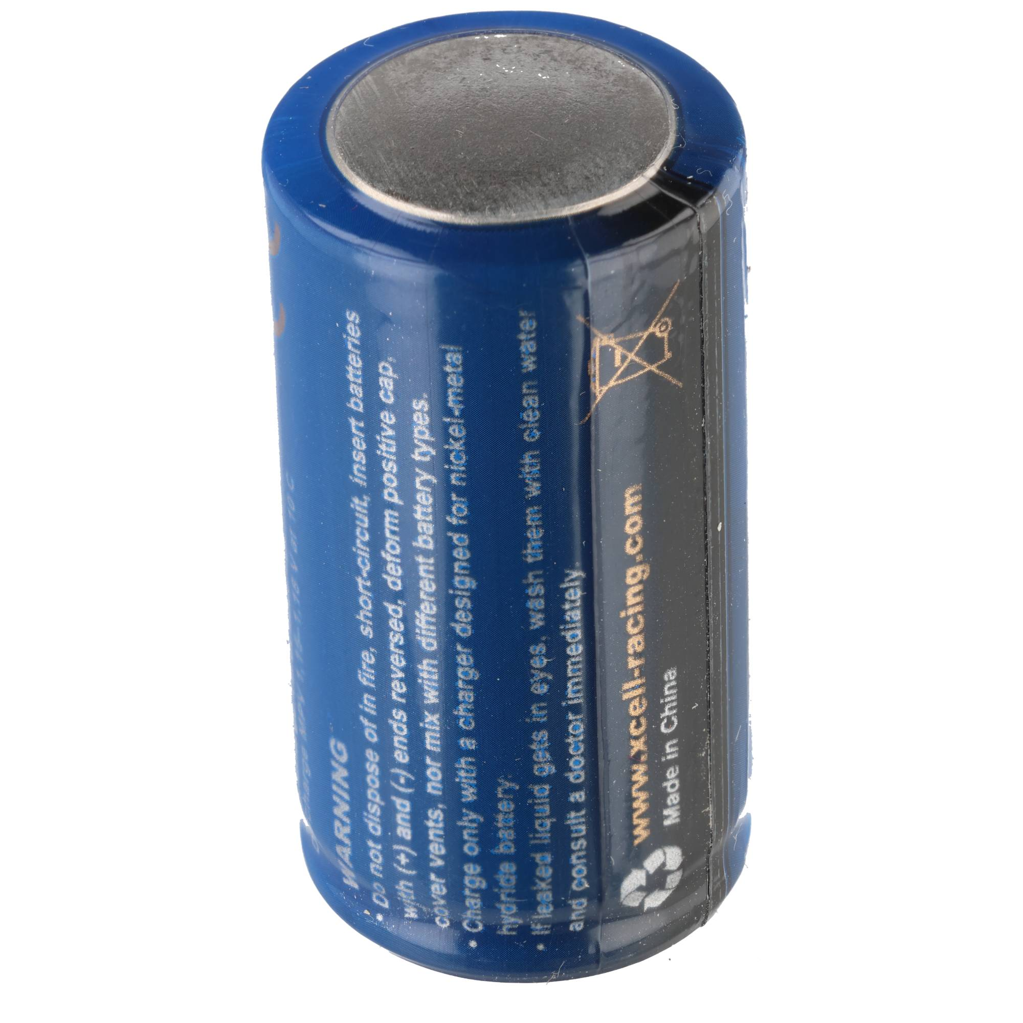 Eine blaue und schwarze Batterie mit Warntext und Website www.xcell-racing.com.