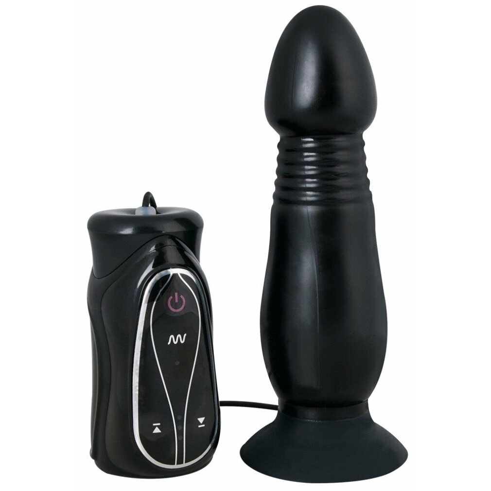 Schwarzer Dildo mit gerilltem Schaft und separatem schwarzem Steuergerät mit Tasten.